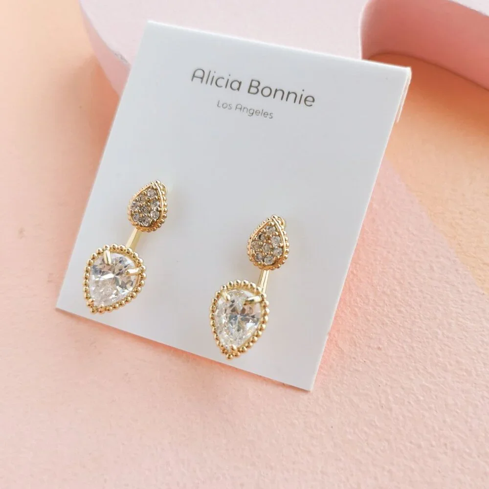 Alicia Bonnie - Dual Elegance White Crystal Gold Ear Jacket Earrings - NEW